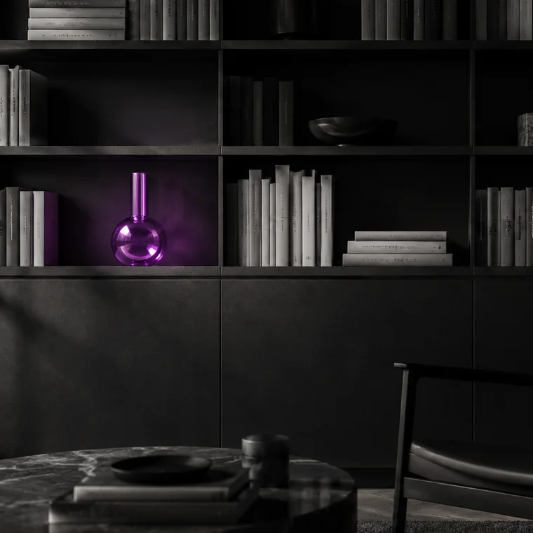 Detalle de estantería con jarrón de cristal morado